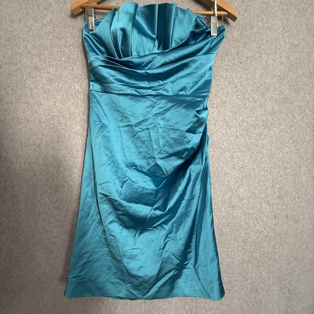 David's Bridal Dress Womens 4 Blue Satin Strapless Ruched Sheath Cocktail Party